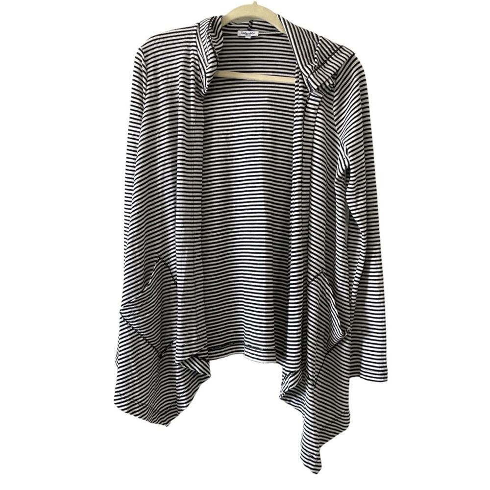 Splendid Long Line Open Cardigan Size Medium Black White hooded Ribbed